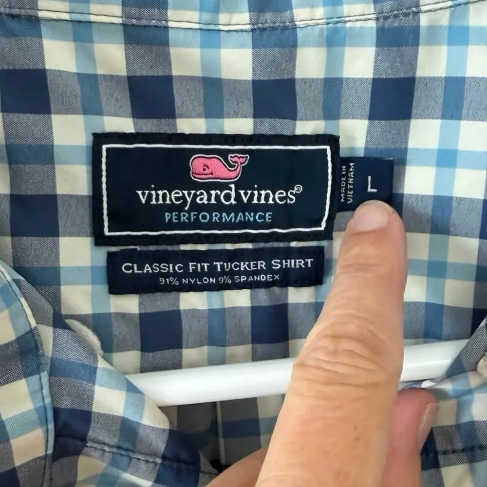 Vineyard Vines Performance Classic Fit Tucker Button Down Shirt Blue Plaid Large